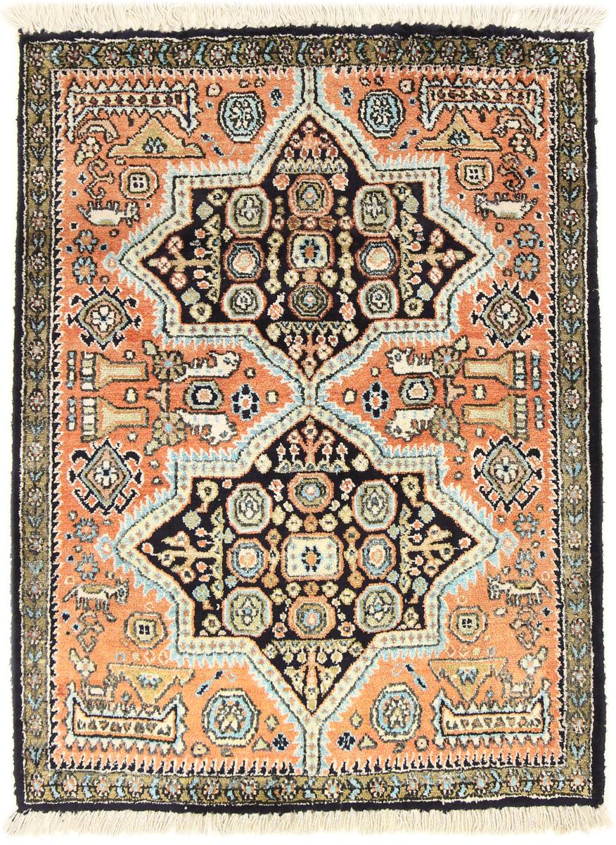  ペルシャ絨毯 クム シルク 2'8"x1'11" 2'8"x1'11",  ペルシャ絨毯 手織り