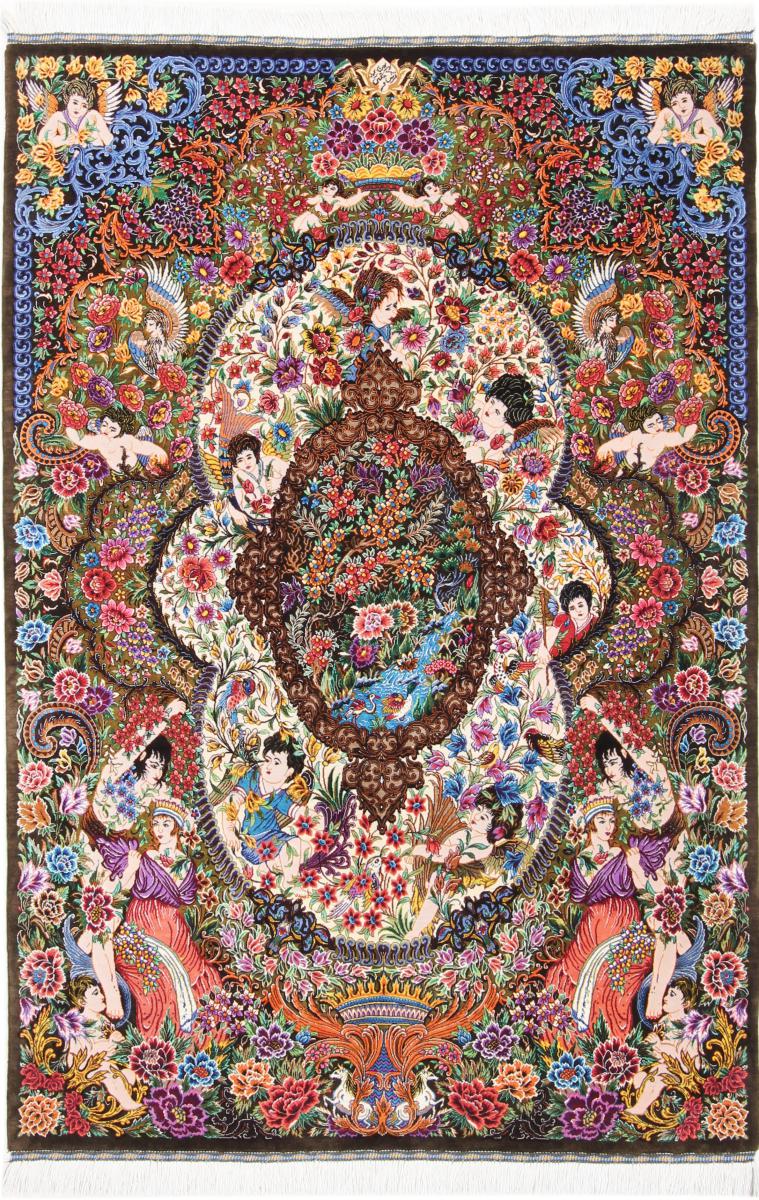  ペルシャ絨毯 クム シルク 署名済み 5'0"x3'4" 5'0"x3'4",  ペルシャ絨毯 手織り