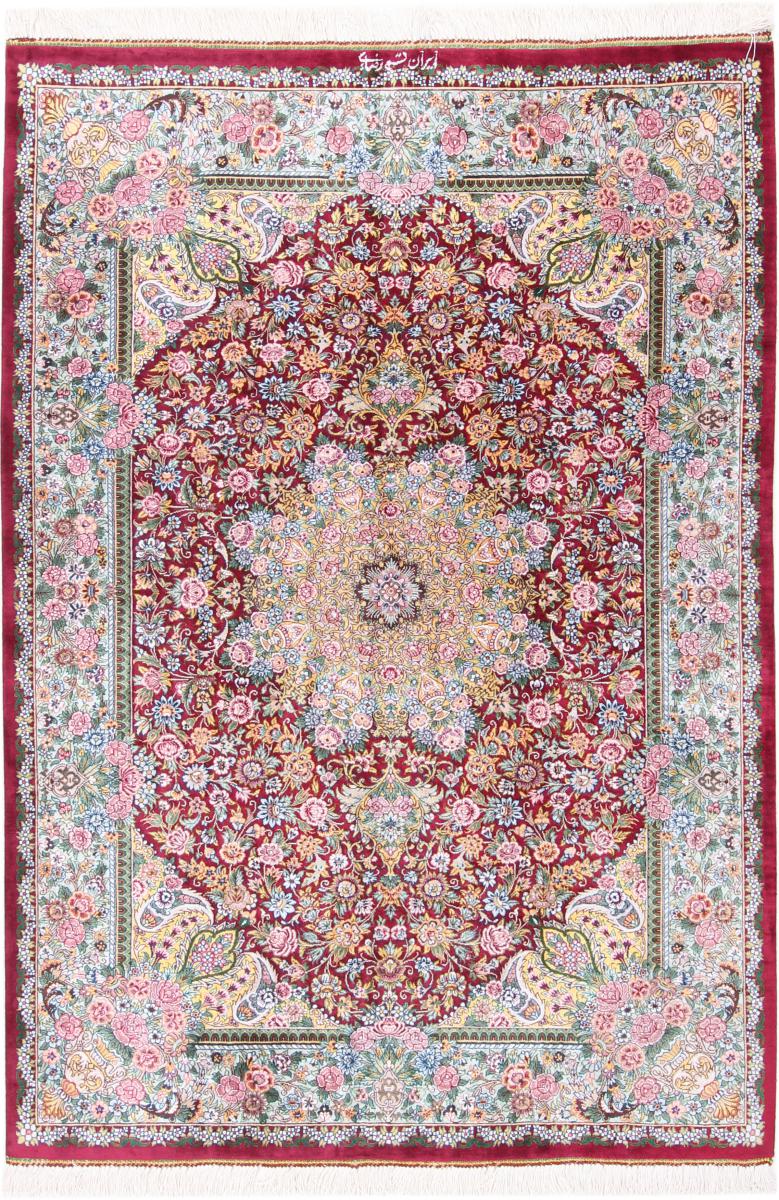  ペルシャ絨毯 クム シルク 署名済み 144x88 144x88,  ペルシャ絨毯 手織り