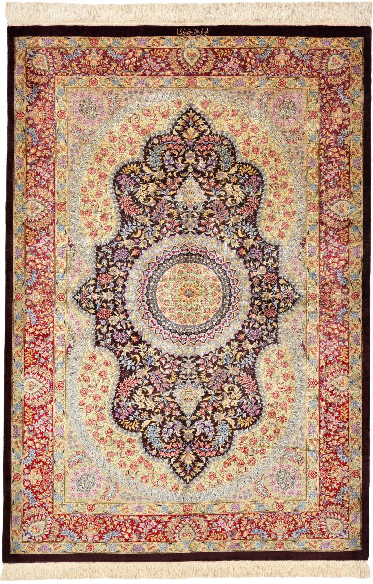  ペルシャ絨毯 クム シルク 4'11"x3'3" 4'11"x3'3",  ペルシャ絨毯 手織り