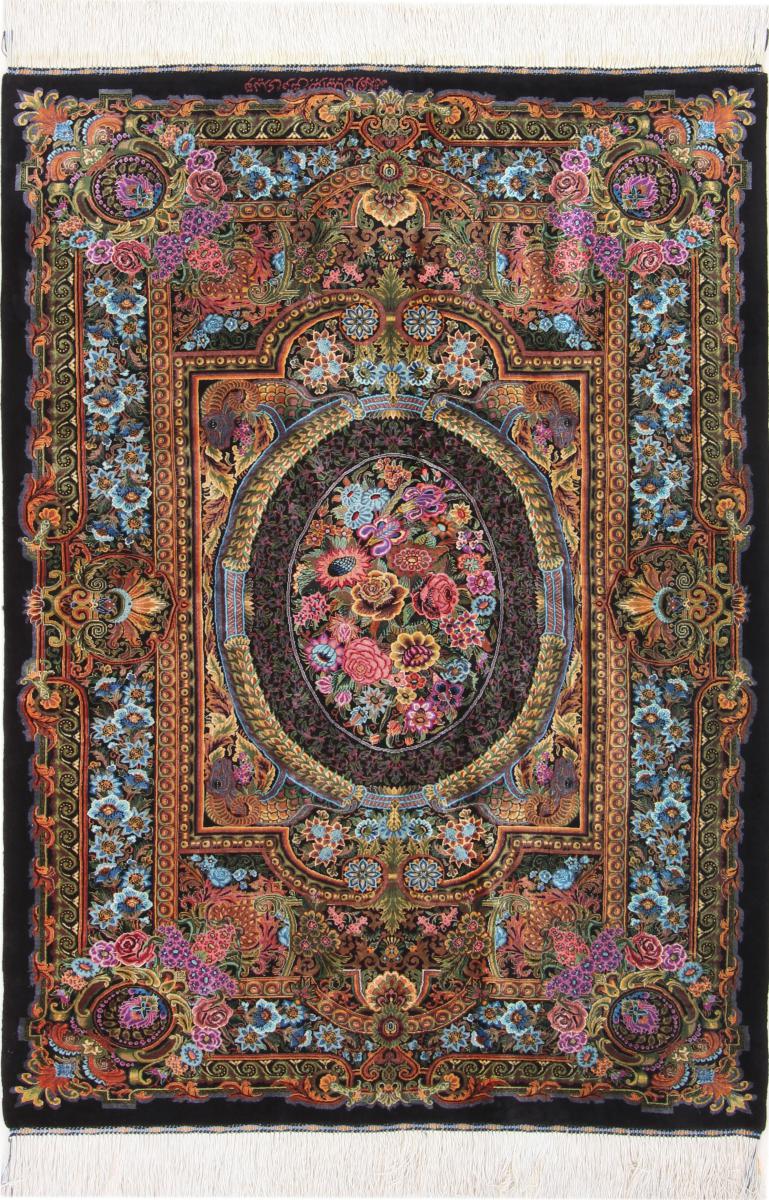 Tapis persan Ghom Soie Signé 4'8"x3'4" 4'8"x3'4", Tapis persan Noué à la main