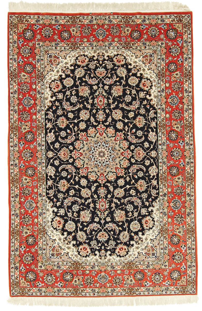  ペルシャ絨毯 イスファハン 絹の縦糸 7'8"x5'1" 7'8"x5'1",  ペルシャ絨毯 手織り