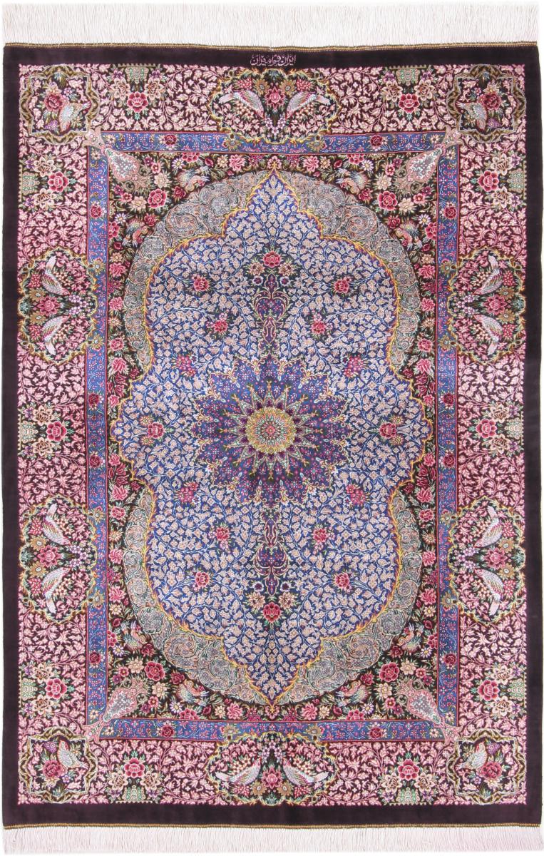 Tapis persan Ghom Soie Signé 145x100 145x100, Tapis persan Noué à la main