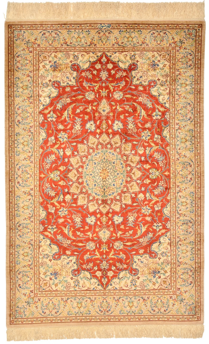  ペルシャ絨毯 クム シルク 3'11"x2'7" 3'11"x2'7",  ペルシャ絨毯 手織り