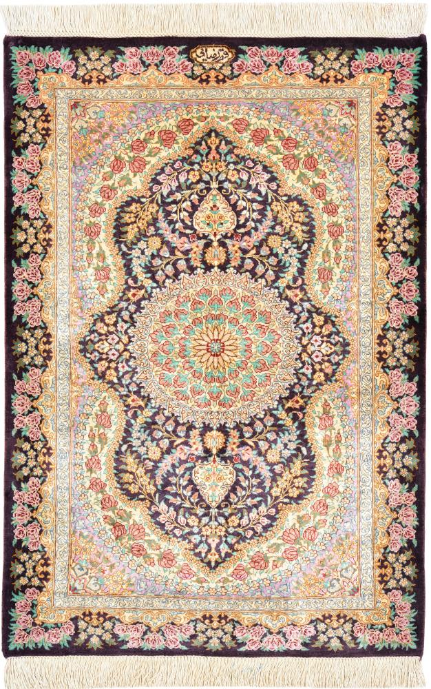Persian Rug Qum Silk 2'11"x2'0" 2'11"x2'0", Persian Rug Knotted by hand