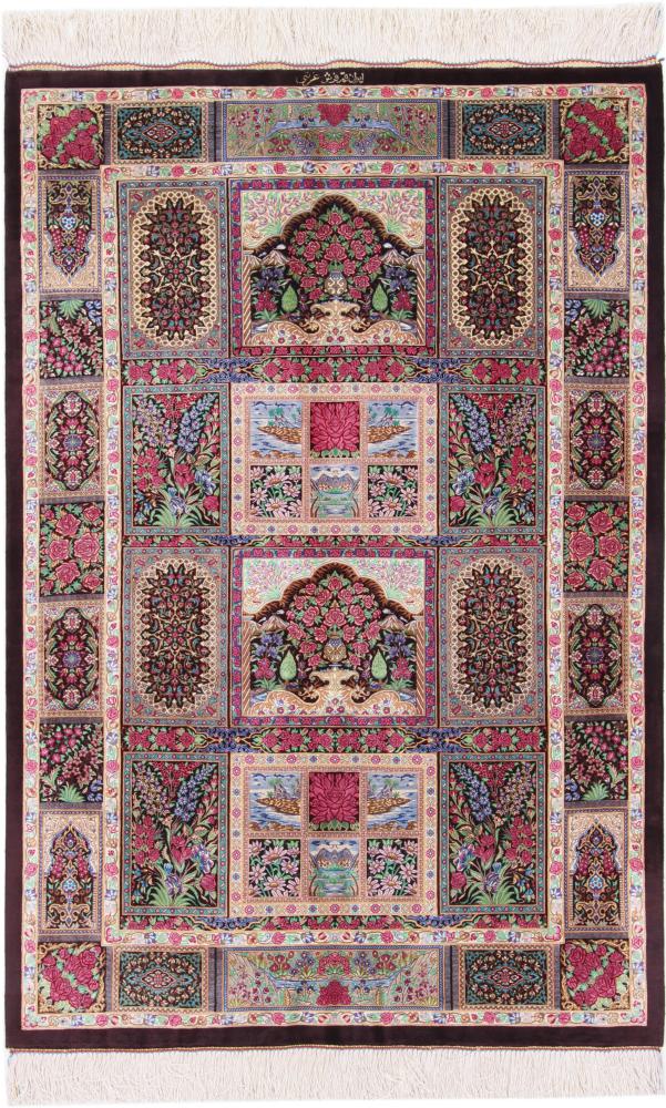  ペルシャ絨毯 クム シルク 署名済み 150x100 150x100,  ペルシャ絨毯 手織り