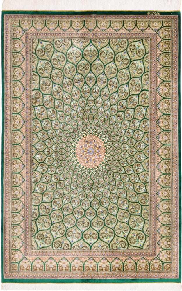  ペルシャ絨毯 クム シルク 署名済み Mousavi 200x134 200x134,  ペルシャ絨毯 手織り
