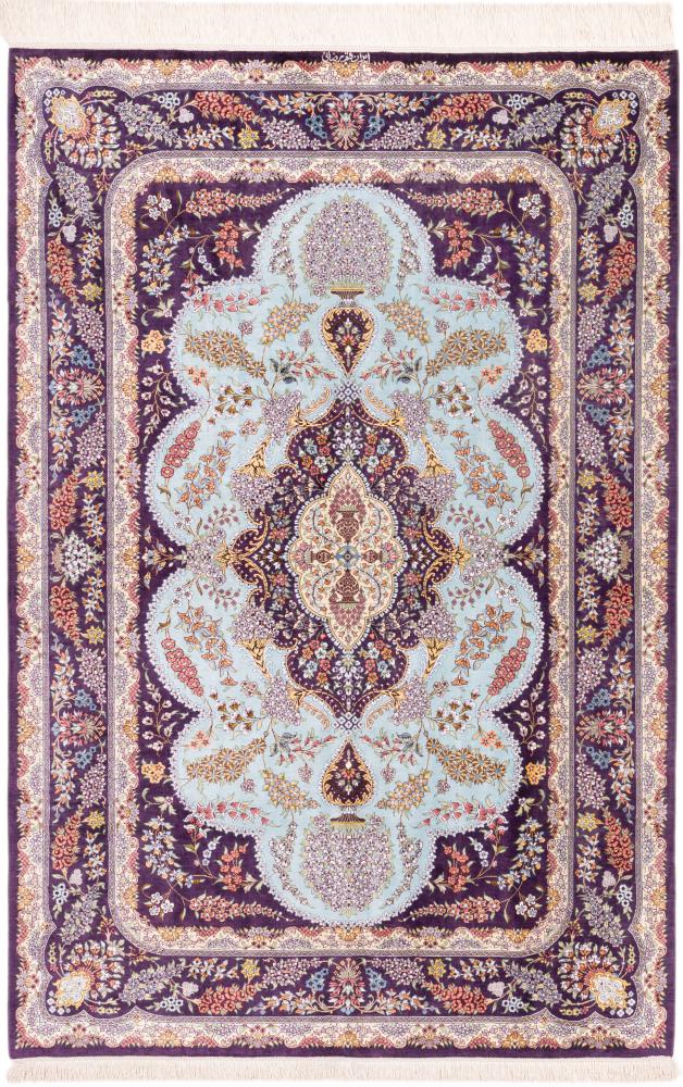 Persian Rug Qum Silk Signed Rezaei 6'6"x4'2" 6'6"x4'2", Persian Rug Knotted by hand