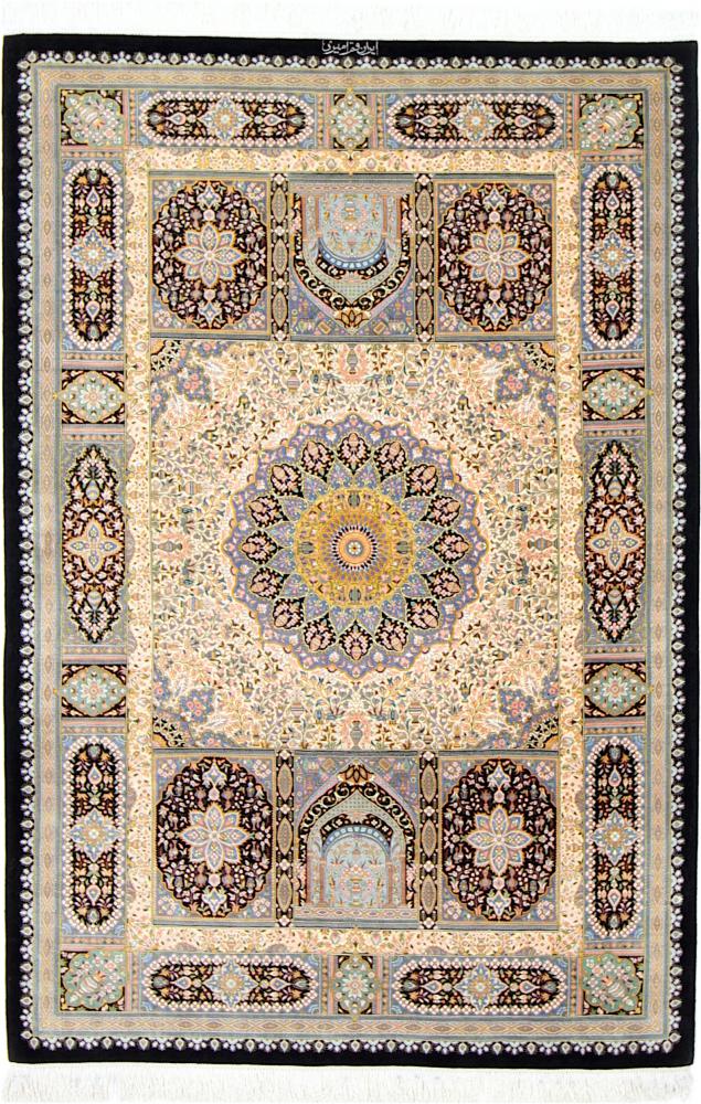  ペルシャ絨毯 クム シルク 4'11"x3'4" 4'11"x3'4",  ペルシャ絨毯 手織り