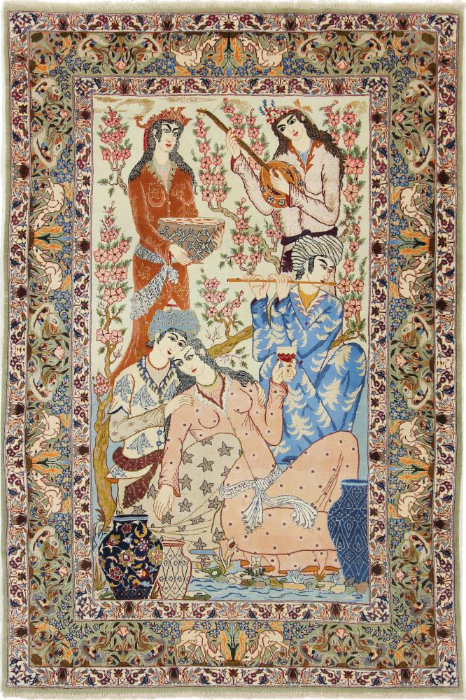  ペルシャ絨毯 イスファハン 絹の縦糸 5'5"x3'7" 5'5"x3'7",  ペルシャ絨毯 手織り