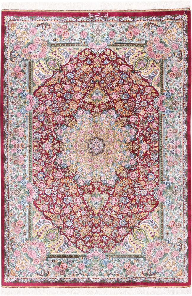  ペルシャ絨毯 クム シルク 署名済み 144x88 144x88,  ペルシャ絨毯 手織り