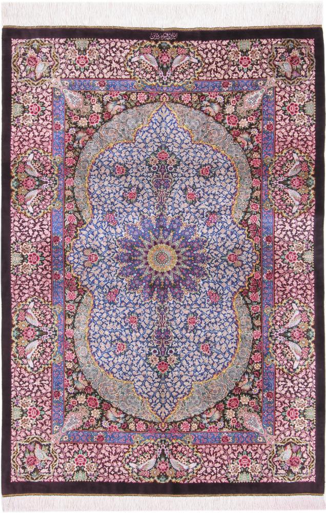  ペルシャ絨毯 クム シルク 署名済み 4'9"x3'3" 4'9"x3'3",  ペルシャ絨毯 手織り